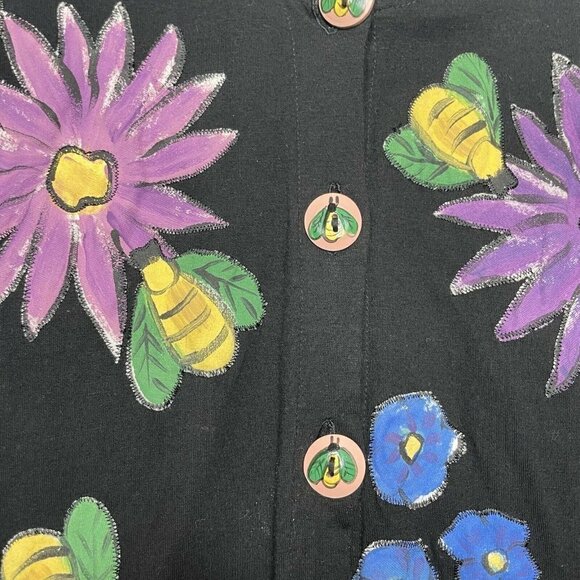 Silkscapes Hand Painted Black Floral Cardigan Size Medium Cotton - Picture 3 of 7